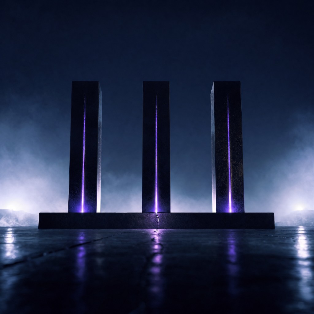 Three tall black monoliths lit from within by a single purple beam of light, standing on a cracked stone base — three separate structures sharing one hidden point of failure.